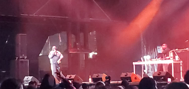 A performer on stage with a microphone, accompanied by a DJ at a turntable, under red and purple stage lighting, with an audience in the foreground.